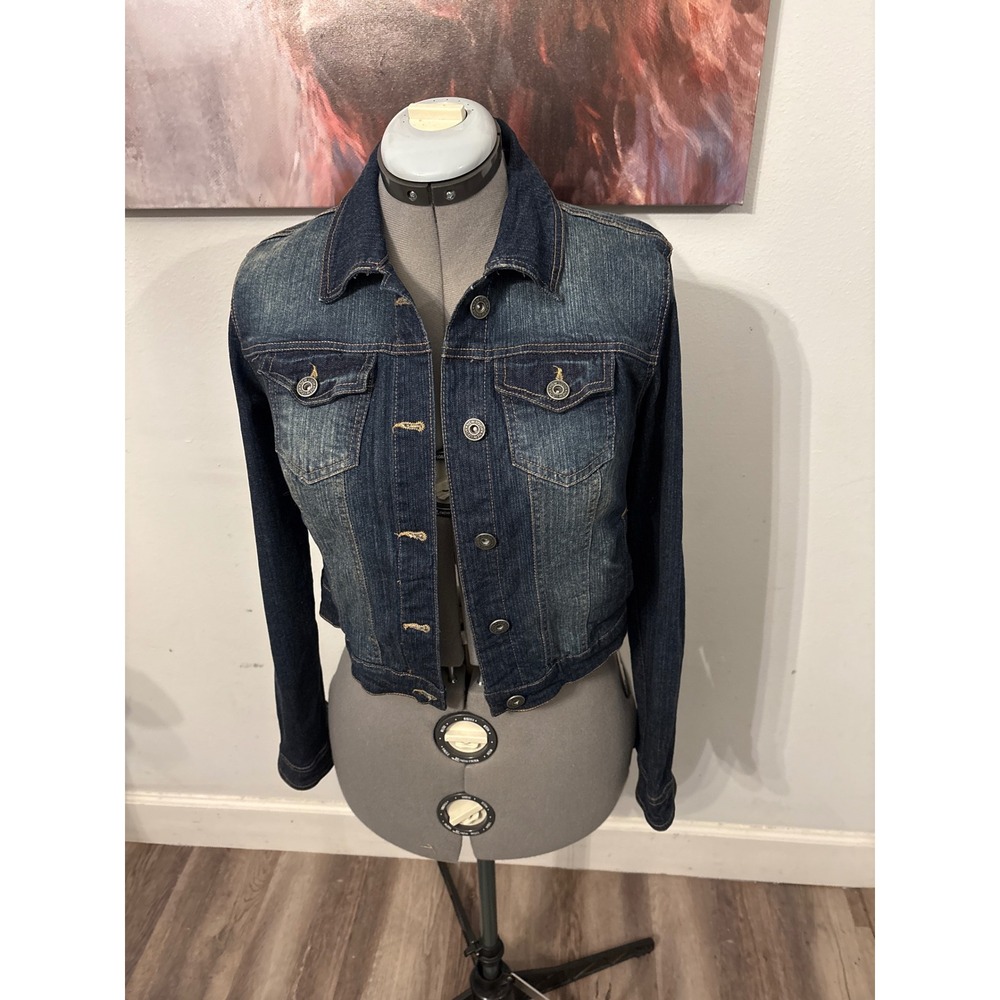 New Look Denim Jacket Women Medium Blue Excellent Cropped Distressed Stretch